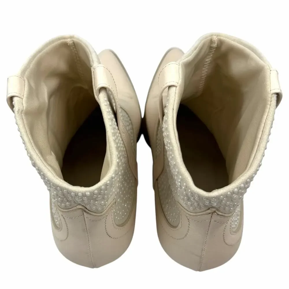Qupid Vaca Pearl Embellished Western Boots Cream Ivory Cowboy Booties Sz 8.5